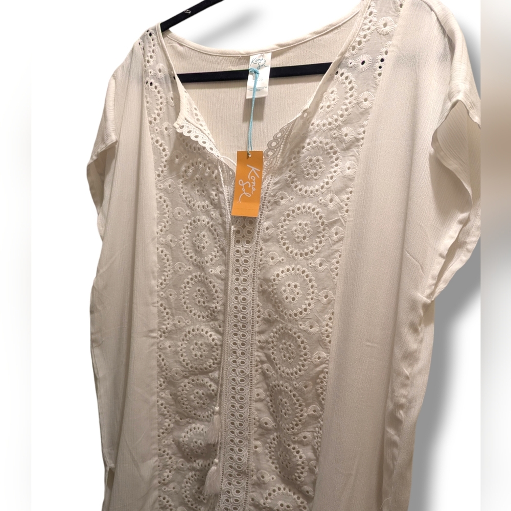 Kona Sol White Lace-up Beach Swim Cover-up Pullover Dress Boho Style Eyelet- M - Picture 4 of 15